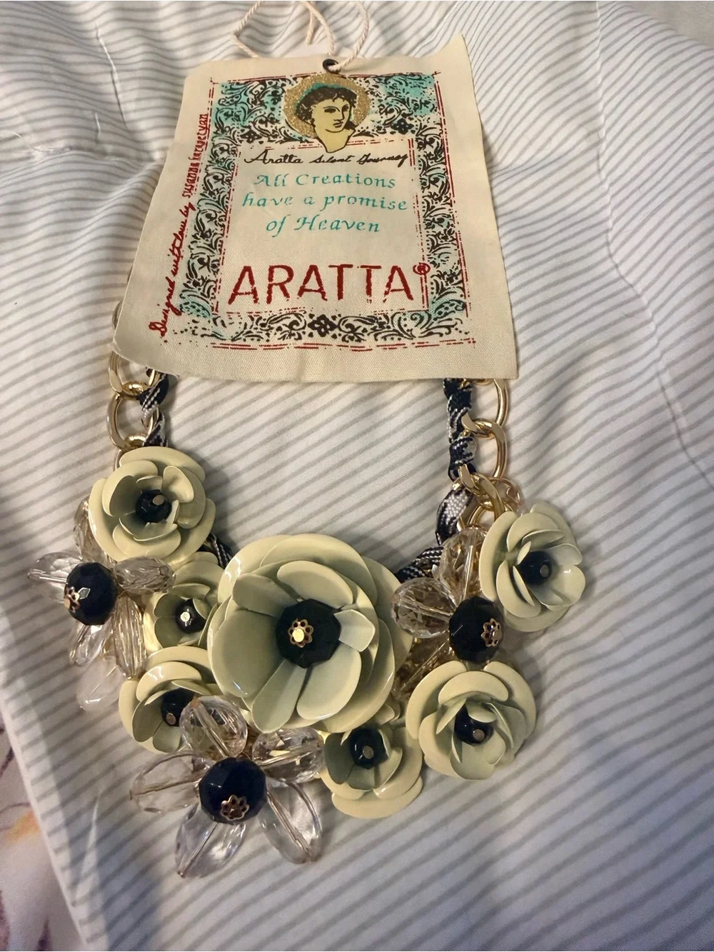 Aratta Pale Green Floral Bib Necklace with Black Centers - Picture 1 of 5